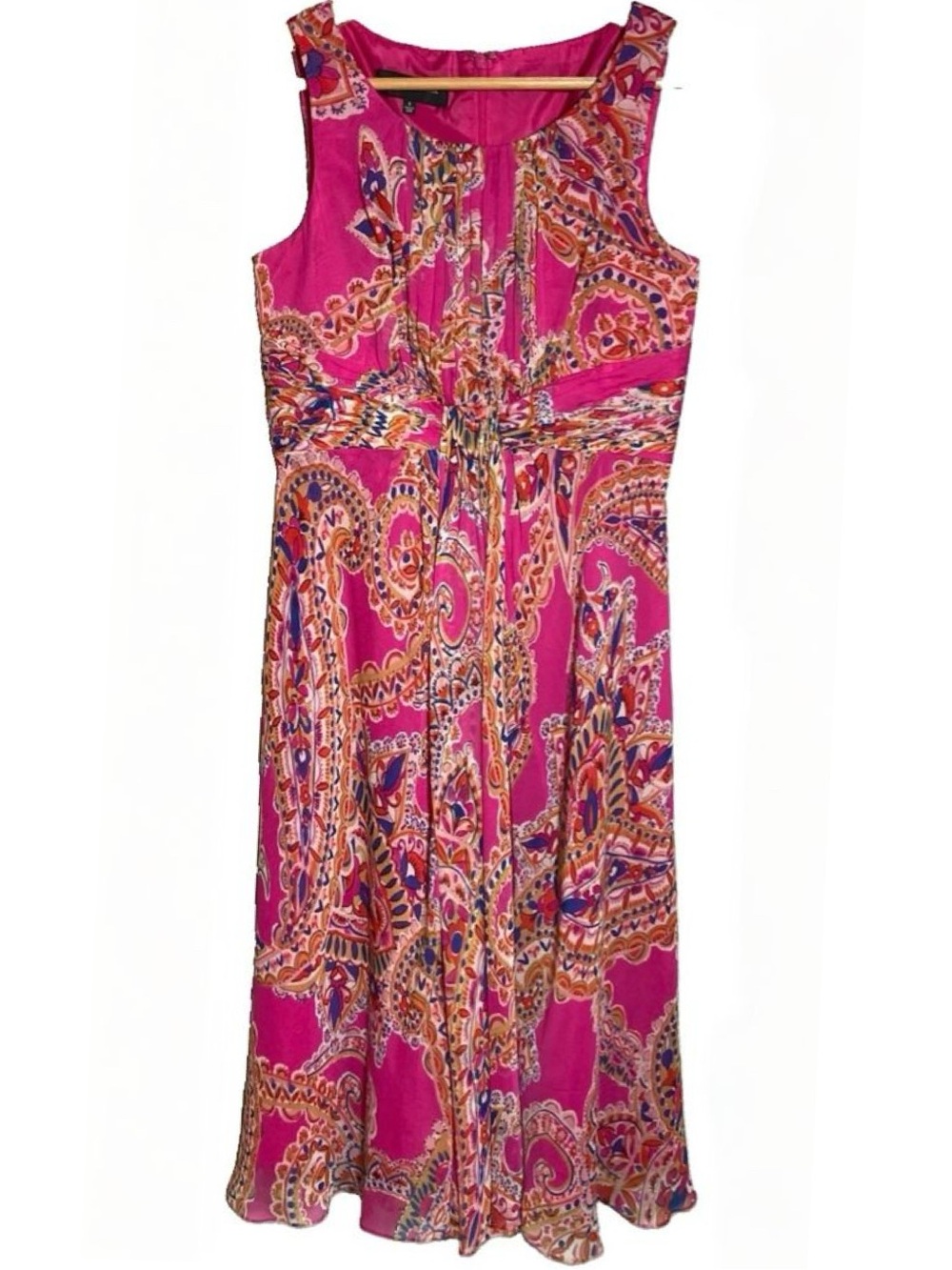 Jones New York 100% Silk Fuchsia Paisley Sleeveless Midi Dress